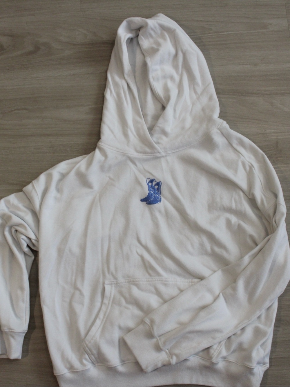 White Hoodie Sweatshirt with Blue Embroidered Boots